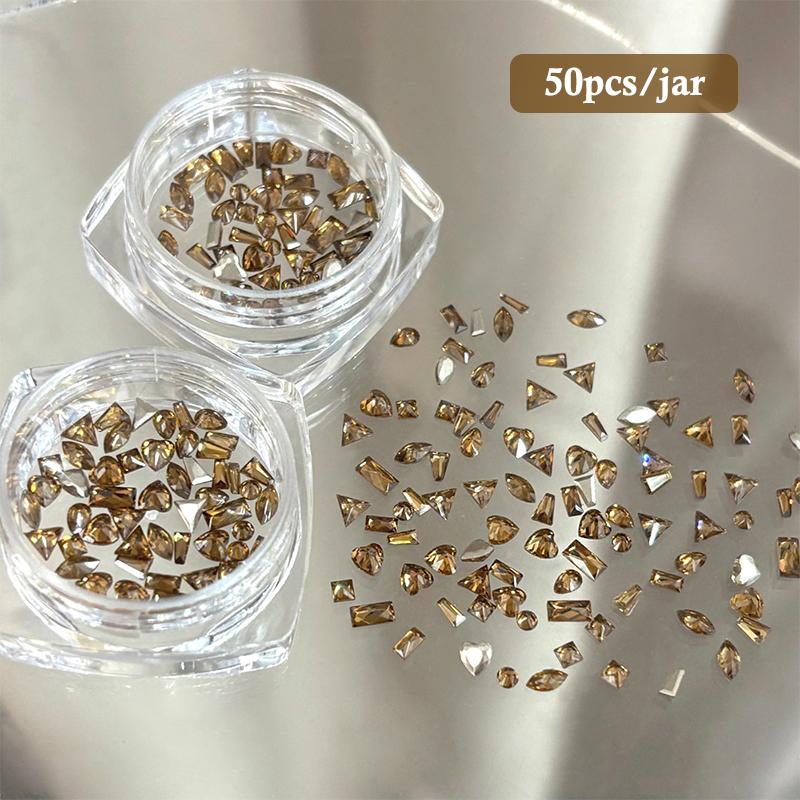 50Pcs Caramel Brown Mini Zircon Nail  Waterdrop/Round/Square/Triangle/Heart Nail Gemstones Glitter Nail Diamond Decor