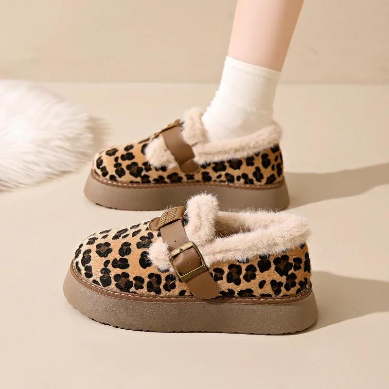 Módní platforma Dámské leopardí boty 2024 Baleríny Teplé plyšové Zimní kotníkové sněhule Dámské ležérní bavlněné boty Boty pro ženy
