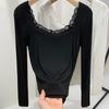 Threaded Bottomed Shirt Women's New Women's Clothing Lace Lace Splicing Square Collar Inner Long Sleeve Waist Top