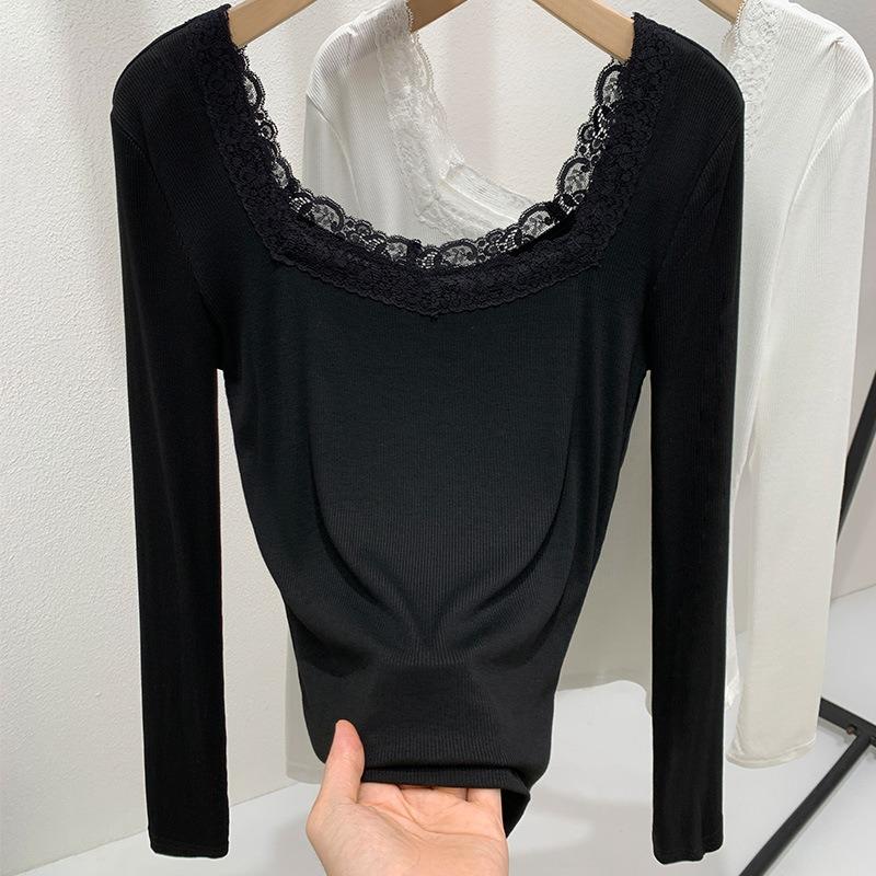Threaded Bottomed Shirt Women's New Women's Clothing Lace Lace Splicing Square Collar Inner Long Sleeve Waist Top
