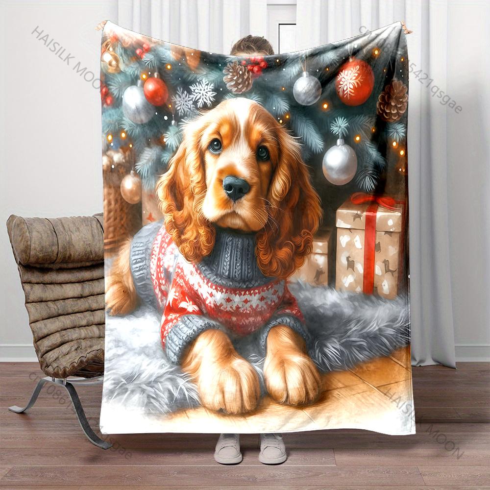 1PC Christmas Themed Cocker Spaniel Print Blanket Flannel Material Soft Warm for All Seasons, Home Outdoor Camping Picnics