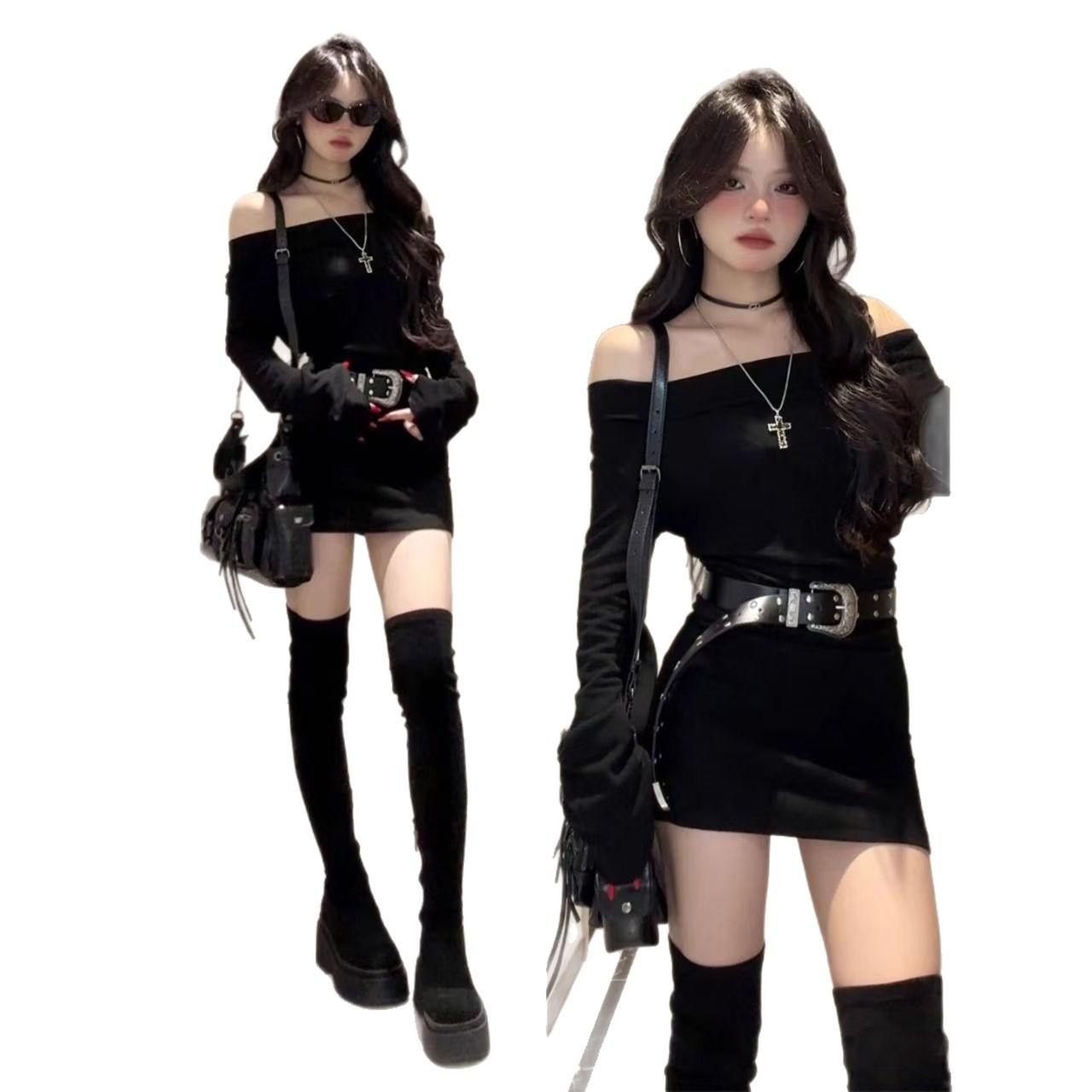 

Spice girl one-word shoulder long-sleeved short dress autumn and winter new pure desire outer wear artifact diagonal shoulder strap waist 2XL