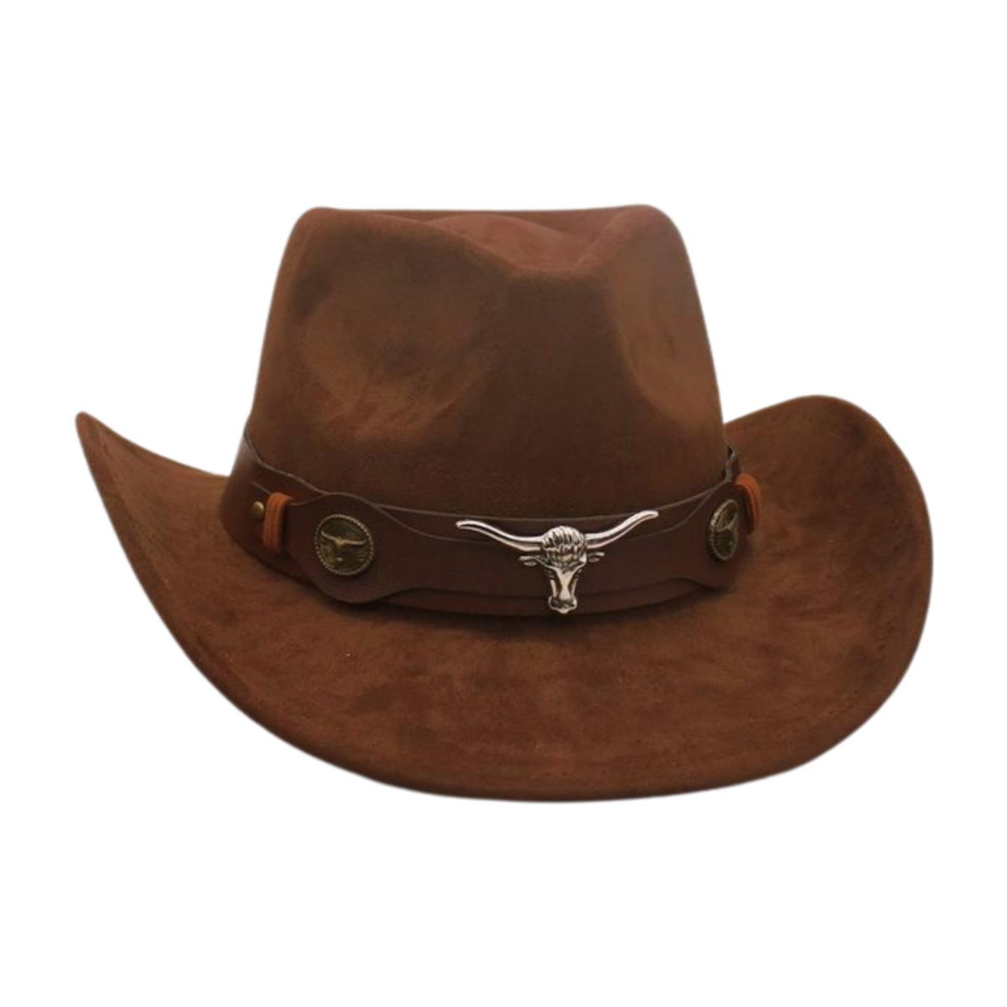 

Ethnic Style Western Cowboy Hat Stage Jazz Hat Brown Ox Head Suede Top Hat one size [j peach bull]