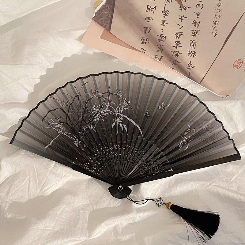 Retro Ink Orchid Silk Folding Fan Chinese Style Ancient Lotus Hand Fans Close Friend Gift Classic Hanfu Decorated Crafts