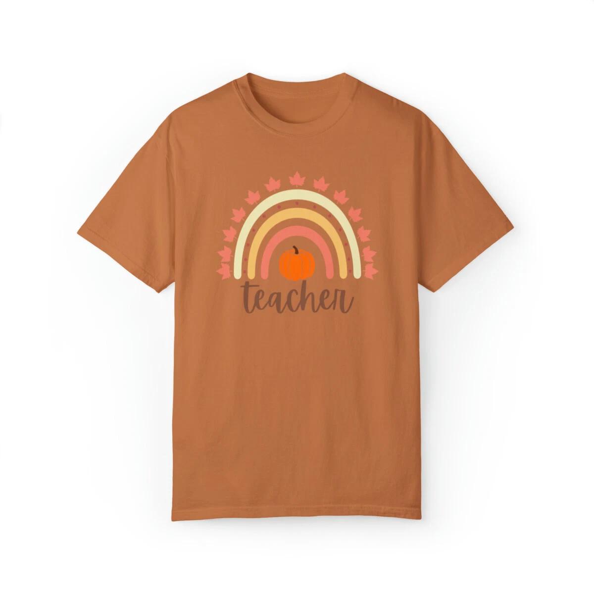 Teacher Rainbow Pumpkin T-Shirt, Fall Vibe Shirt, Autumn Thanksgiving Fall Shirt M