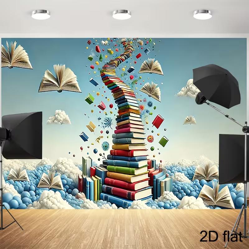 

2D Whimsical Book Tower Photo Booth Backdrop for School & Library Theme 47.2x31.5inch/120*80cm