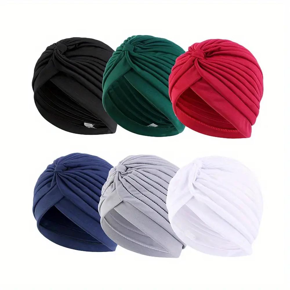 6pcs Soft & Cozy Womens Pleated Turban Caps - Elastic, Comfortable, Unscented Headwraps for Chemo, Solid Colors, Variety Pack Fo