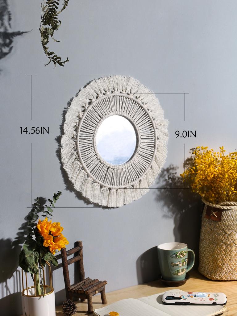 Nordic Room Dekorativní zrcadla Boho Macrame Kulaté Kosmetické zrcadlo Pokoj Nástěnné Zrcadlo Tkané Macrame Řemesla Home Dekor Nástěnná dekorace