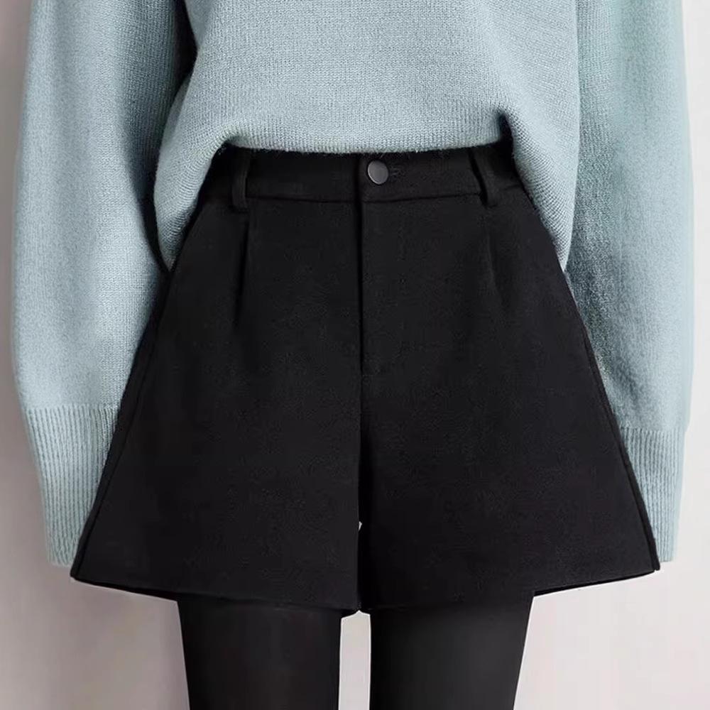 Women's 2023 High-Waist Woolen A-Line Shorts - Autumn/Winter Fashion, Wide-Leg, Loose Casual Fit for Outerwear with Boots