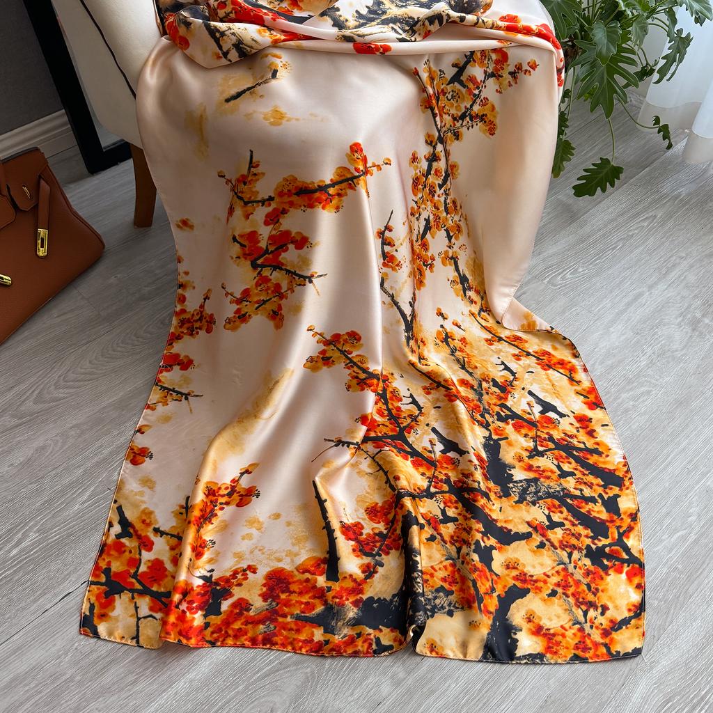 90*180cm Fashion Luxury Silk Scarf Women flowers Soft Smooth Scarves Wrap Hijab Outdoors Muffler Long Shawl Beach sun protection