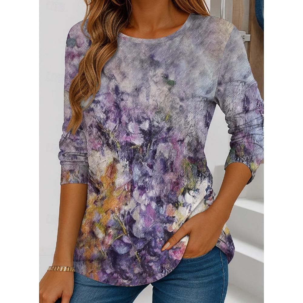 Hauts pour Femmes Imprimé Floral Col Rond Manches Longues T-shirt Automne Décontracté Ajusté Pull Haut à Manches Longues pour Femme