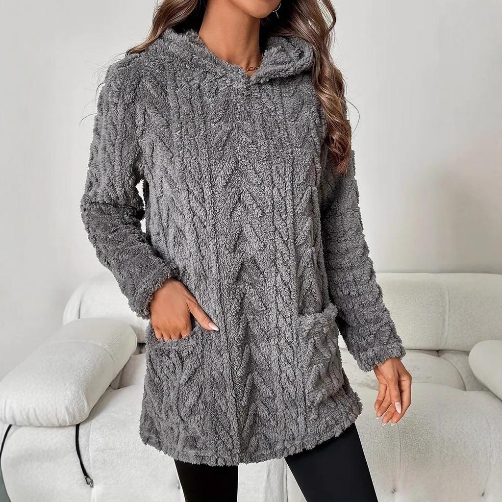 Women's Fashion Casual Solid Color Hooded Sweatshirt With Loose Fit And Fleece Pockets