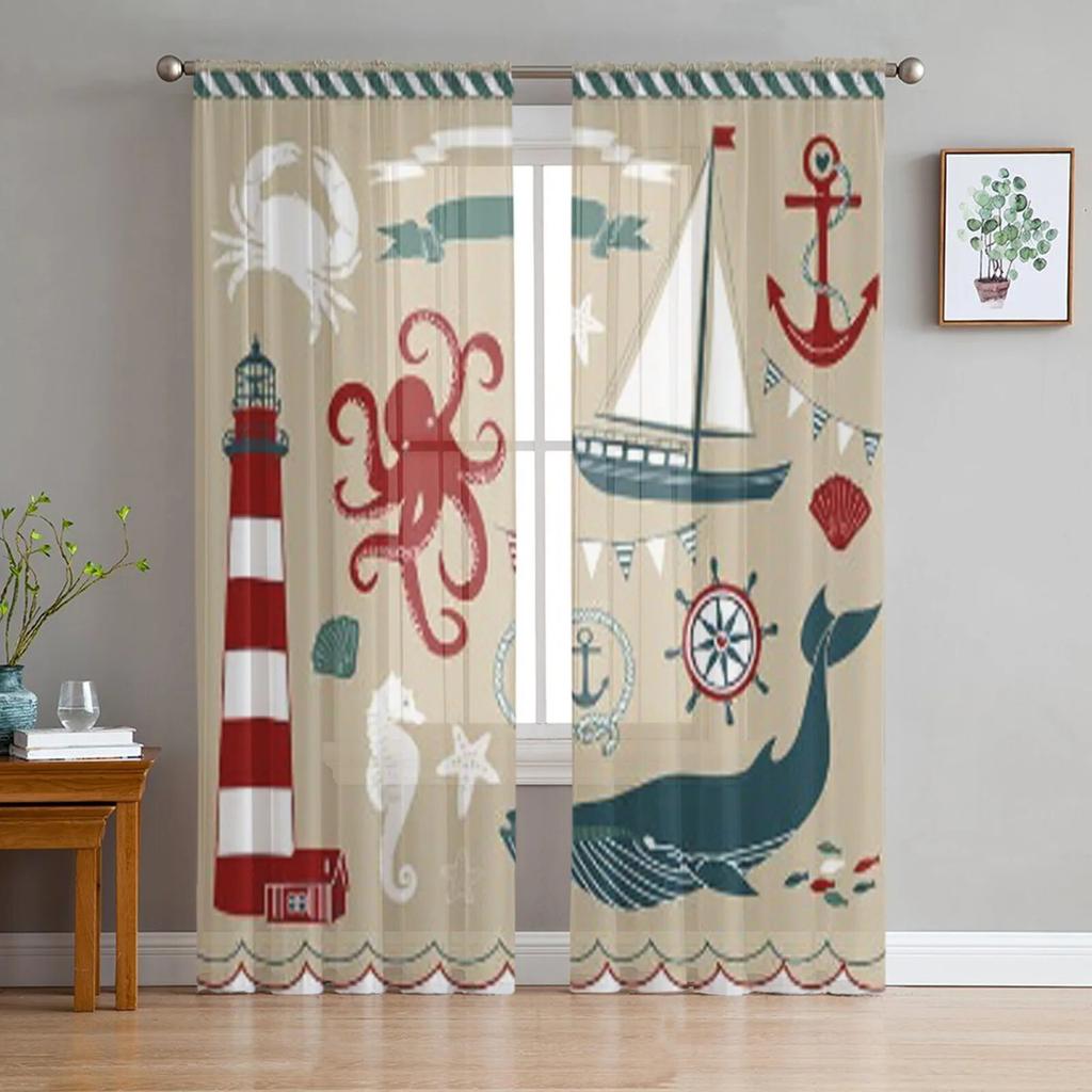 Decorative Nautical And Sea Set Maritime Illustrations Window Screening Curtains Voile Drape Sheer Tulle for Living Room Bedroom