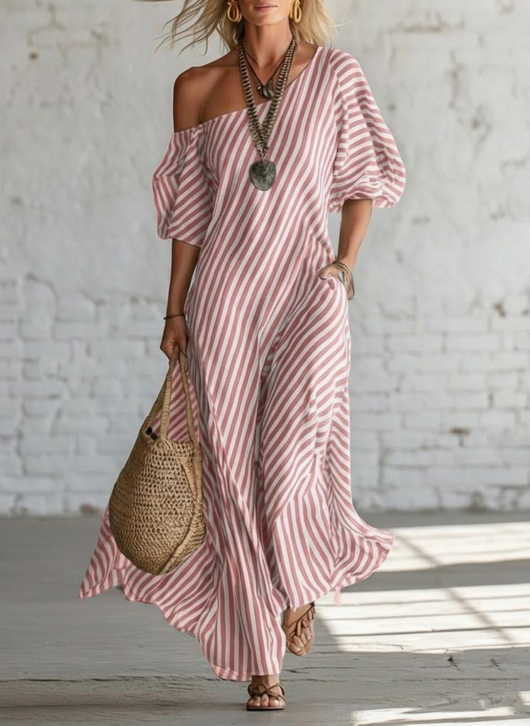 2026 European and American independent station women's fashion spring elegant striped off-the-shoulder dress blue