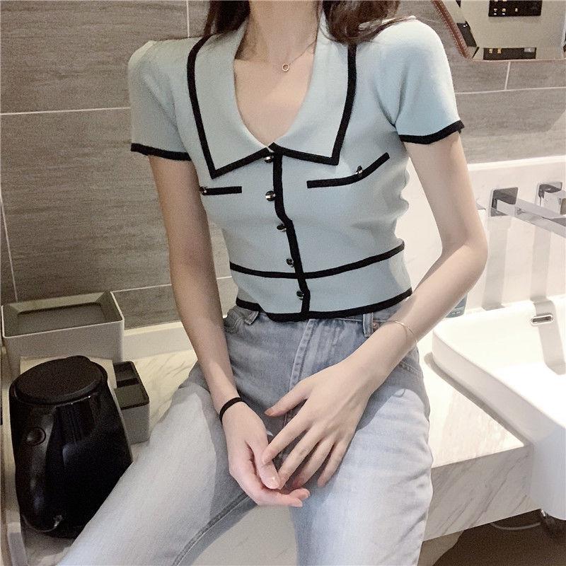 Summer Retro Color Block Knit Top with Turn-Down Collar - Slim Fit Ice Silk Short Sleeve Crop T-Shirt