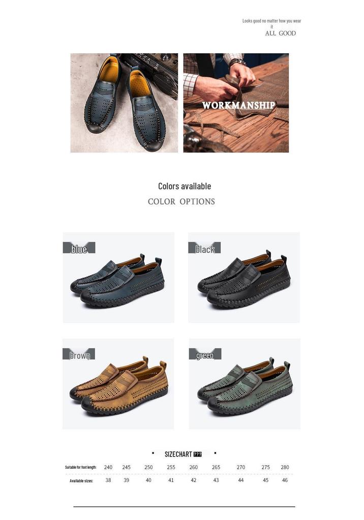 Herren Loafer aus Leder, zum Hineinschlüpfen, Größe L: Sommer atmungsaktive Hohl Design Fahrerschuhe