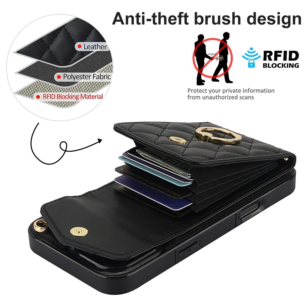 For iPhone 16 Pro Case Card Bag Leather+TPU Crossbody Phone Cover with Ring Kickstand