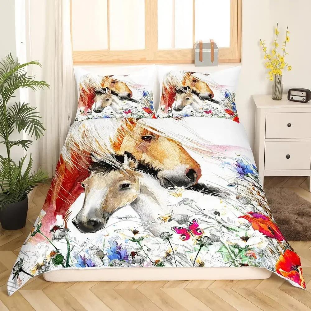 3D Horse Duvet Cover King Queen Size Yellow Sunflower Bedding Set Floral Animal Theme Quilt Cover Wildlife Soft Comforter Cover