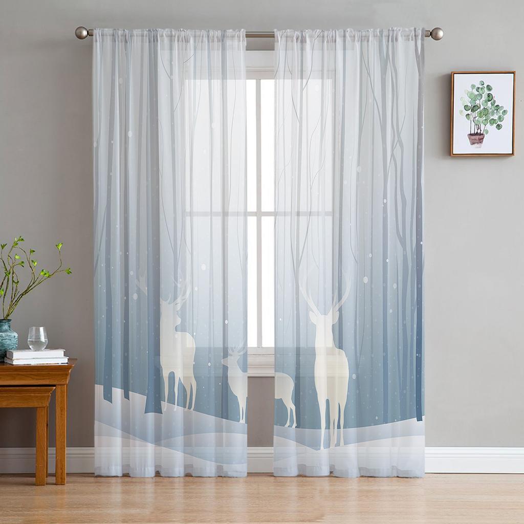 Christmas White Snow World Tulle Curtains For Living Room Decoration Modern Chiffon Sheer Voile Christmas Curtains