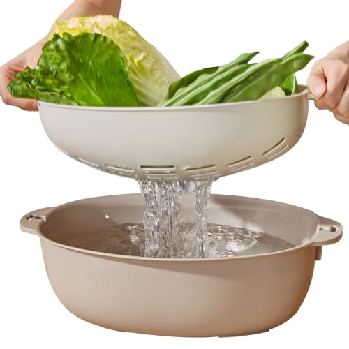 VECELO Colander and Bowl Set, 36.4cm Wide x 24.2cm Deep x 11cm High, Two-Layer, Shallow Vegetable Drainer, Strainer, Tabletop Drainer, Vegetable Strai