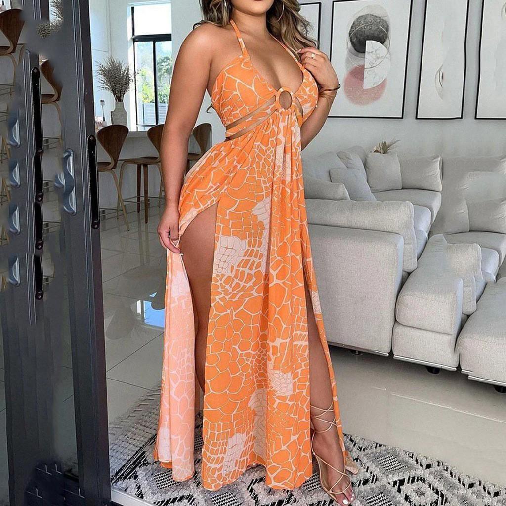 

2025 Летнее макси-платье с цветочным принтом и открытой спиной для женщин XL оранжевый