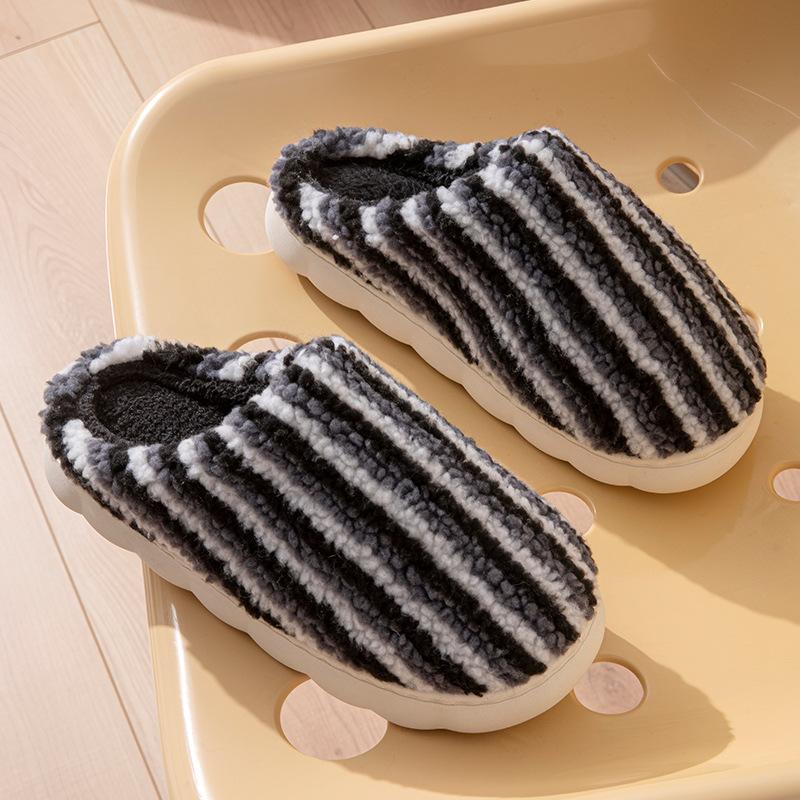 Winter New Cotton Slippers Indoor Home Non-slip Piled Warm Couple Plush Colored Vertical Strip Cotton Mop