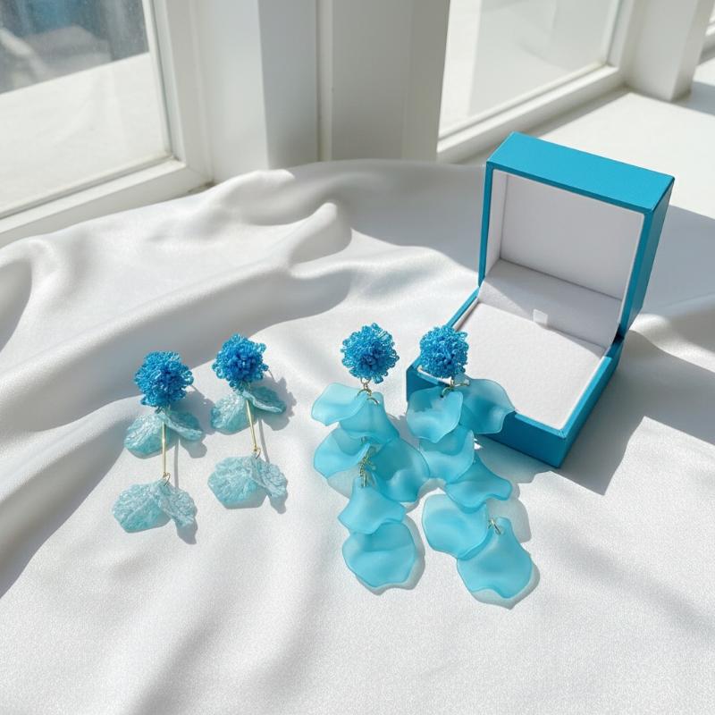 Blue Flower Leaf Dangle Earrings - Acrylic Long Drop Earrings for Women, Summer Beach Vacation Party Jewelry Accessories