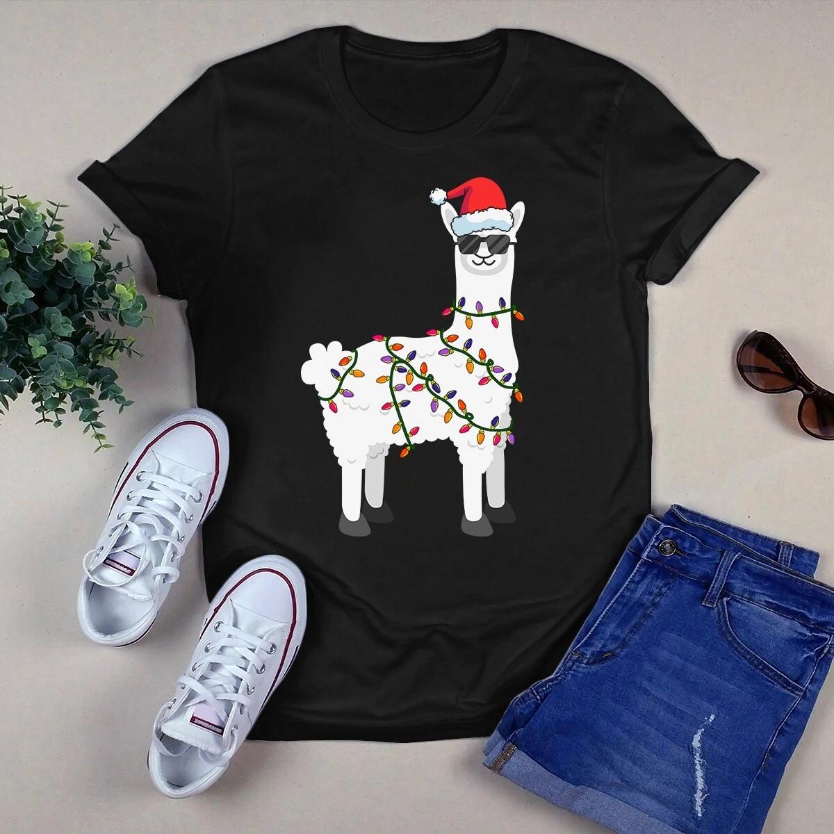 Men s and Women s T-shirts Funny Alpaca Llama Santa Hat Christmas Xmas Light Gift XL