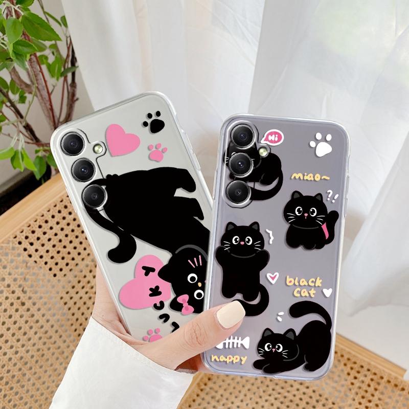 Cute Cat Cartoon Soft Transparent Silicon Case For Samsung A55 A35 M35 M34 S24 Xiaomi Redmi Note 13 Pro 13C Poco M6 Camera Shockproof Protective Cover