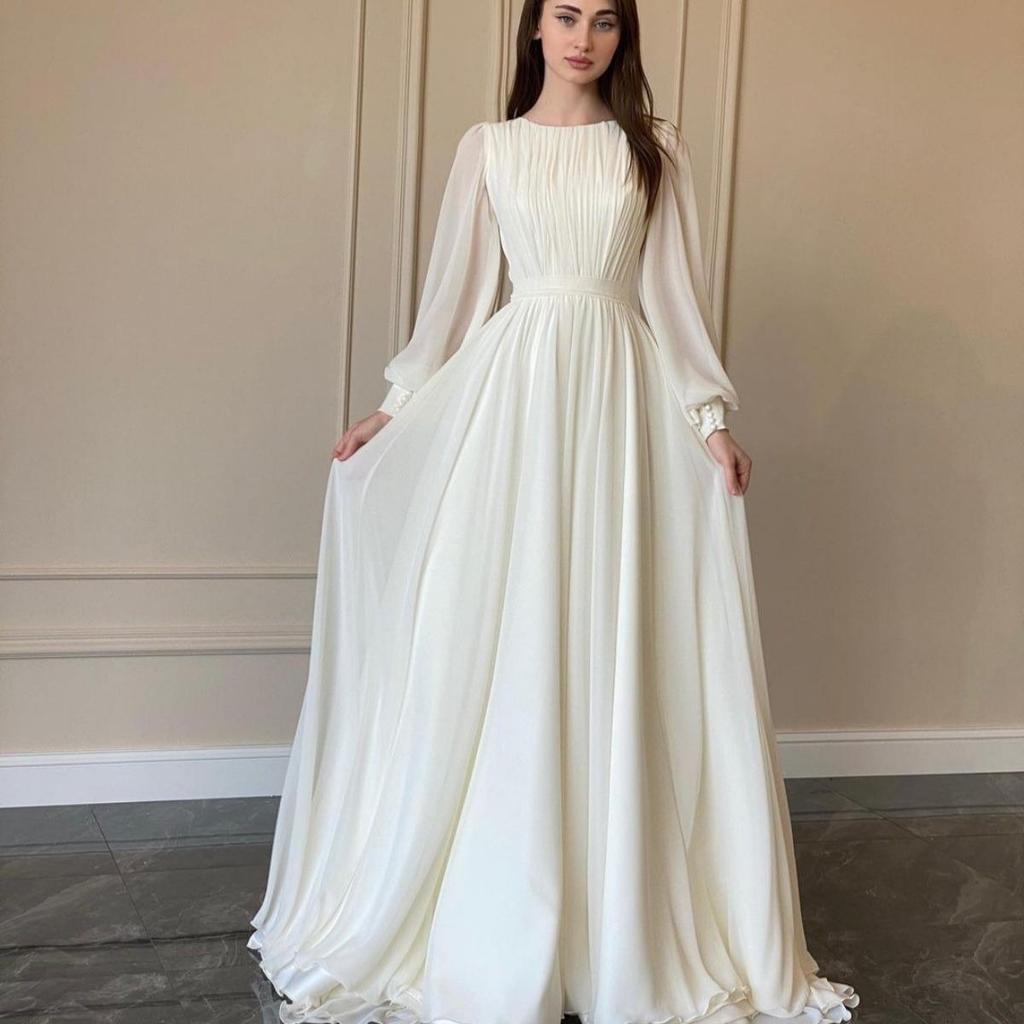 LYRIA Nieuwe Mode Lantaarnmouw O-Hals Effen Kleur Slim Fit Vloerlengte Galajurk Voor Vrouwen