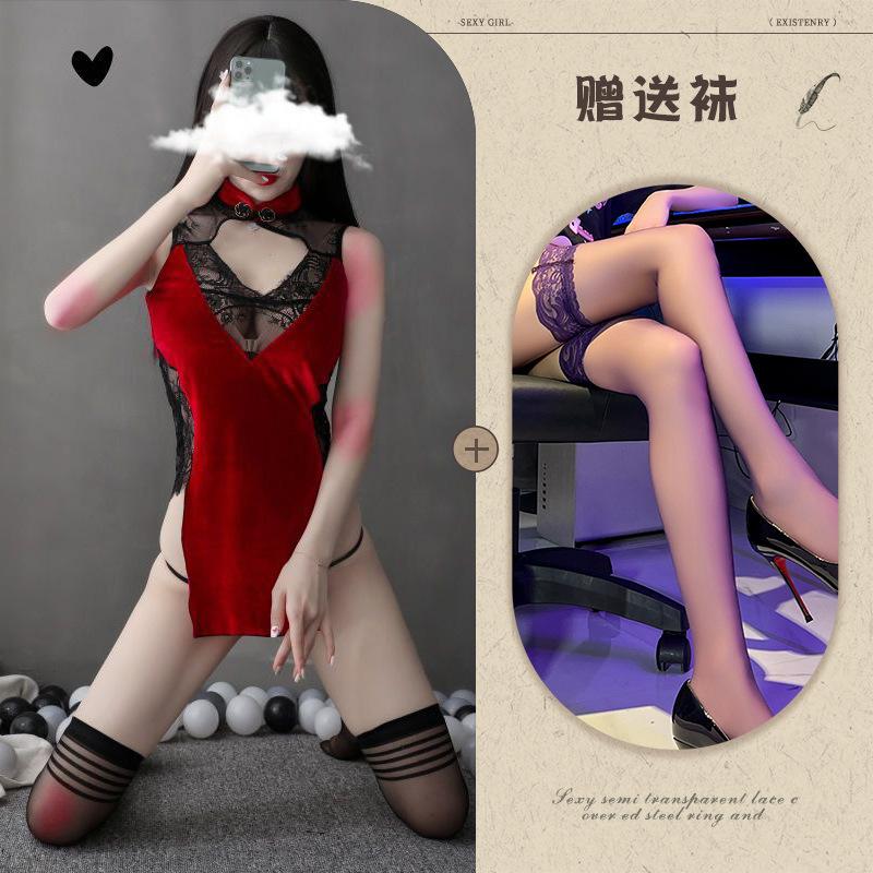 New sex underwear women's sexy Republic of China velvet perspective backless cheongsam seduction suit