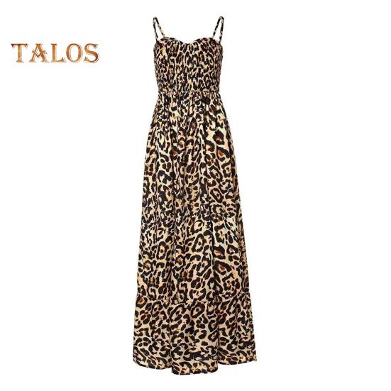 Women Strappy Dress Leopard Print Low-cut V Neck Sleeveless Tight High Waist Color Matching Backless Big Hem Vacation Beach Maxi Dress