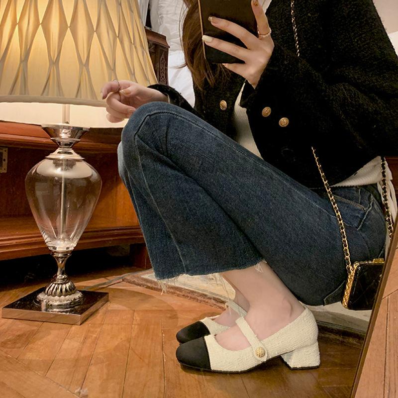 

Туфли Мэри Джейн женские весенние новые шерстяные маленькие ароматные с цветным блоком на толстом среднем каблуке с круглым носком на толстом каблуке туфли-лодочки 34