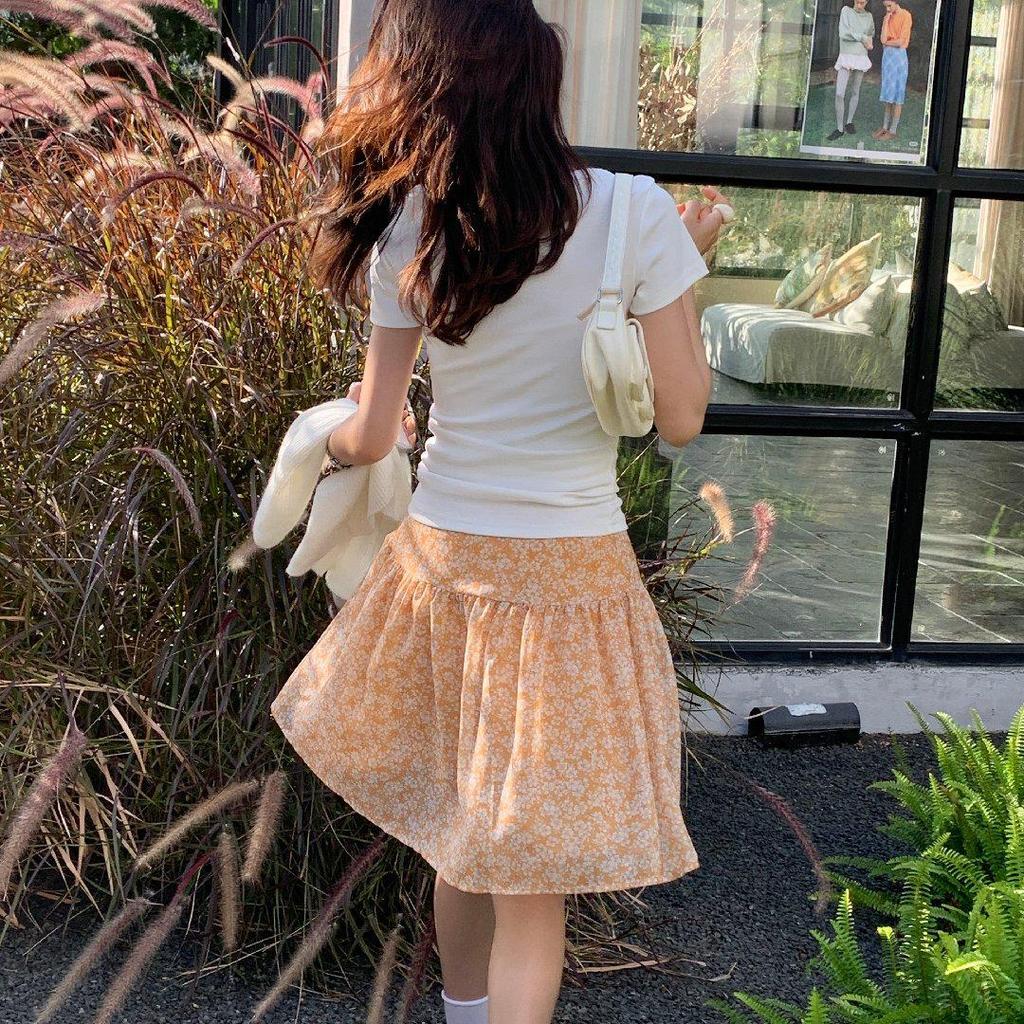2026 Spring Floral Print Lemon Green Tea High Waist Mesh Skirt - Women's Versatile Slimming Short Skirt