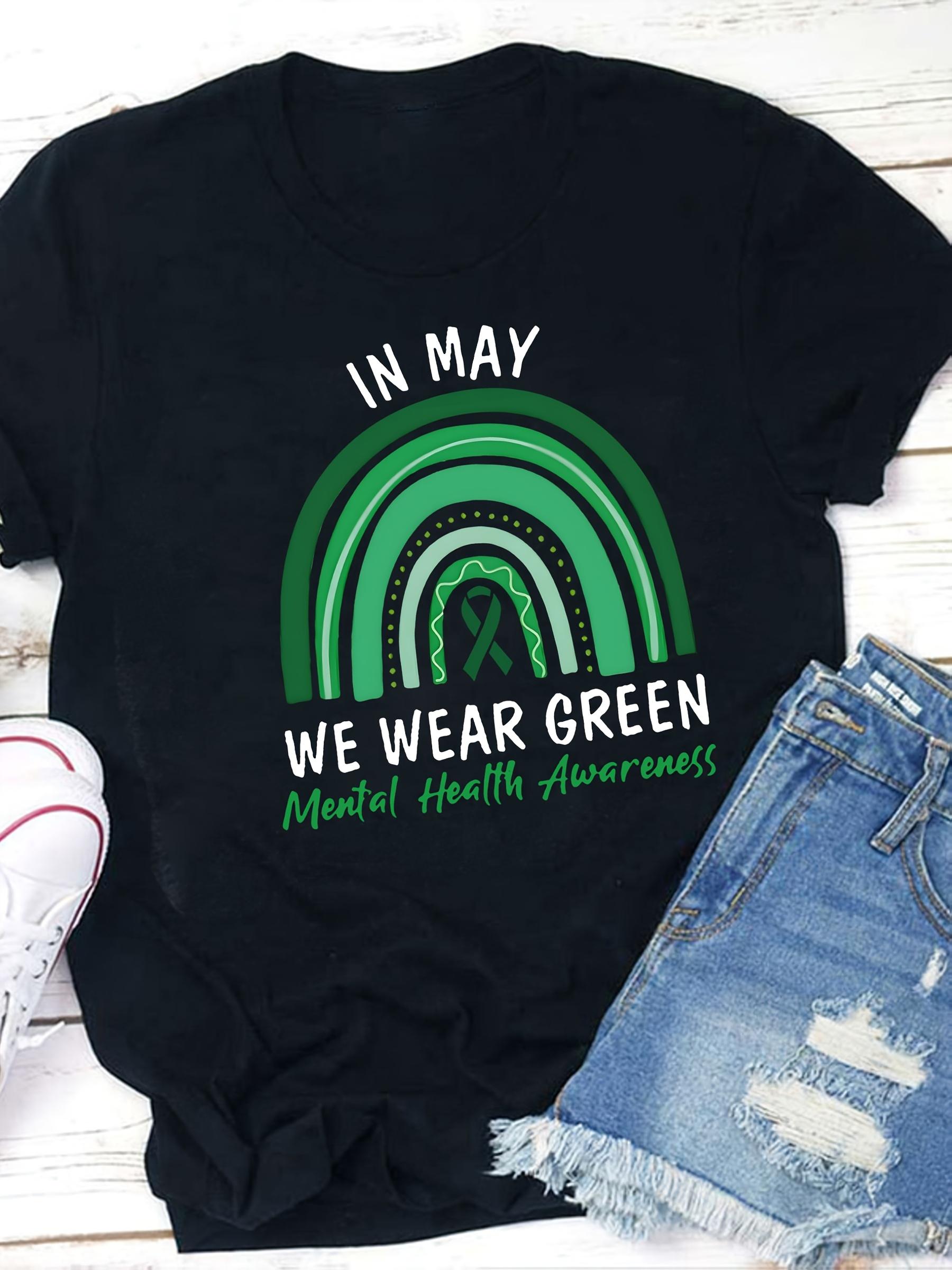 In May We Wear Green Mental Health Teacher T Shirt, Women s Casual Round Neck T-shirt, Loose S разноцветный