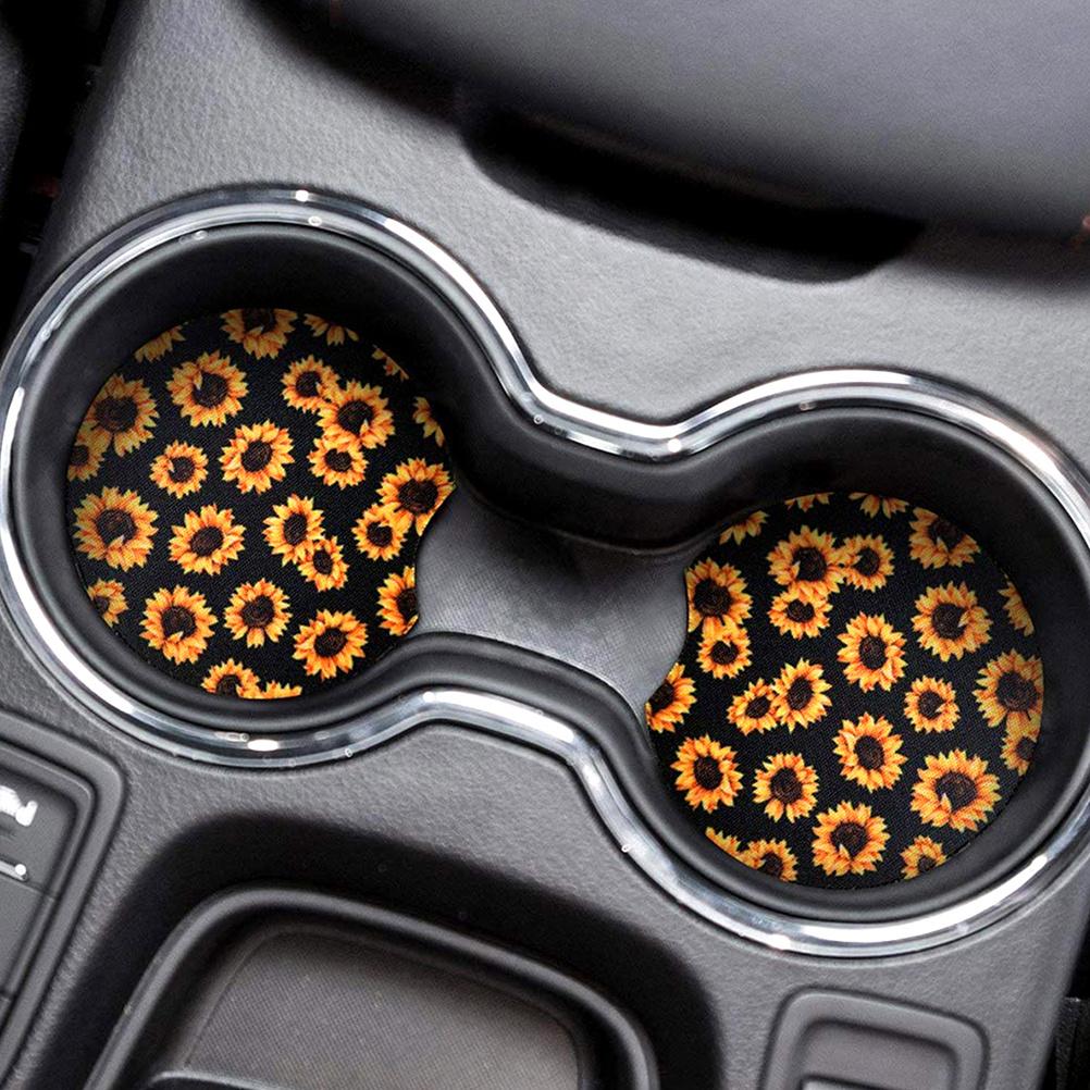 6Pcs Car Cup Mat Anti-Skid Sunflower Pattern Coaster Waterproof Drink Pad Heat-Resistant Stylish Car Interior Organizer