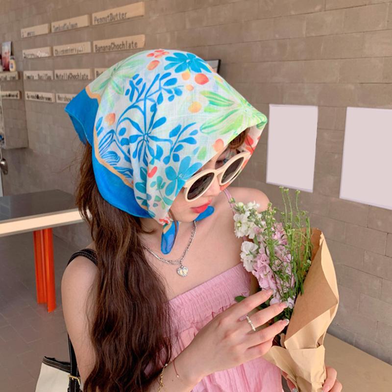 Women Flower Printed Headscarf Sun Protection French Pastoral Style Boho Lightweight Travel Picnic Outdoor Girls Scarf