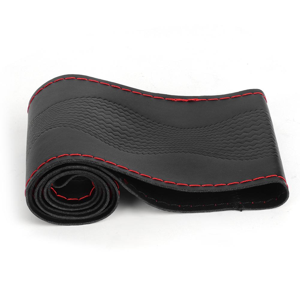 38cm 15in Leather Steering Wheel Cover Embossing Needles&Thread Kit Car Interior Decoration(Black Red )