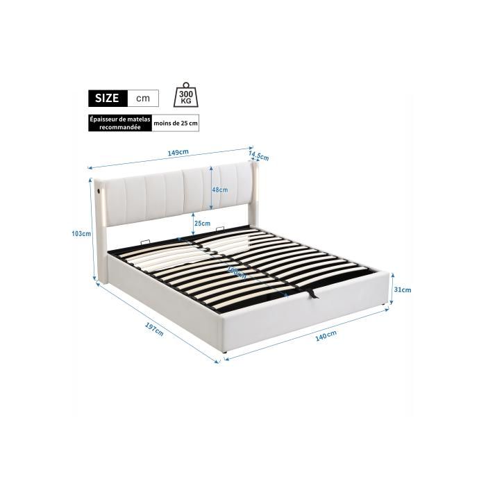 Lit capitonné Binaural LED, 140 x 190 cm, lit hydraulique avec ports USB rechargeables dans le lit, roulettes en PU, blanc