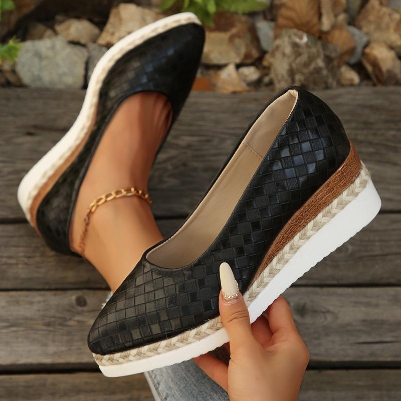 Damenschuhe Flachmund Einzelne Schuhe Spitze Zehenpartie Keilabsatz Plateau Schuhe für Frauen Slipper Leder Freizeit Schuhe Zapatos Mujer