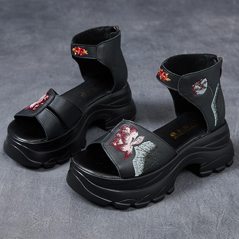 

Fashion GKTINOO Retro Thick Sole Sandals 2025 New Genuine Leather Wedges Embroidered Comfortable Thick Sole Women s Shoes 250