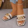 Fashion Shoes for Women 2024 Hot Sale Square Toe Women's Slippers Summer Open Toe Chain Solid Outdoor Casual Beach Large Size Slippers