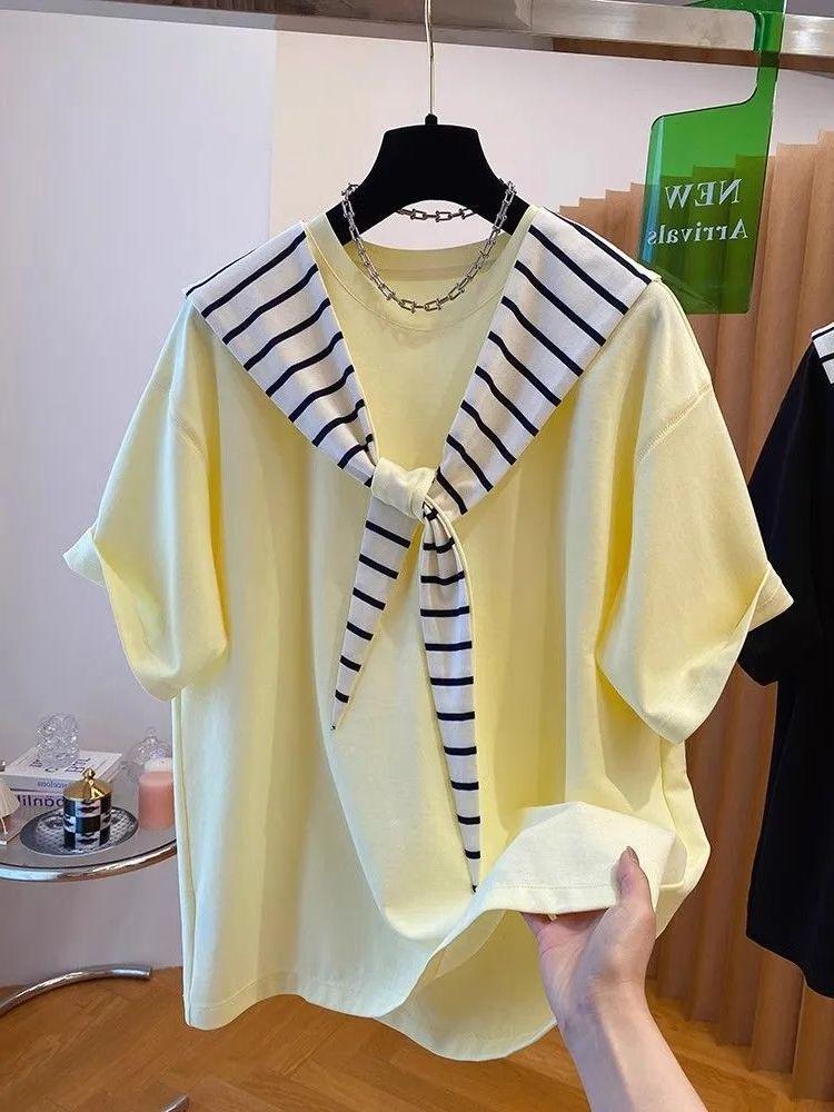 2025 Unisex Plus Size Striped Hooded Color Block Short Sleeve T-Shirt