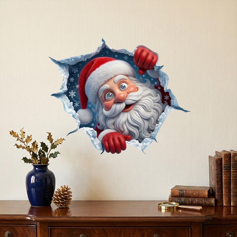 Christmas 3D Break Wall Santa Claus Wall Sticker Self Adhesive Removable 2027 Xmas Decor Bedroom Home Window Party Decor