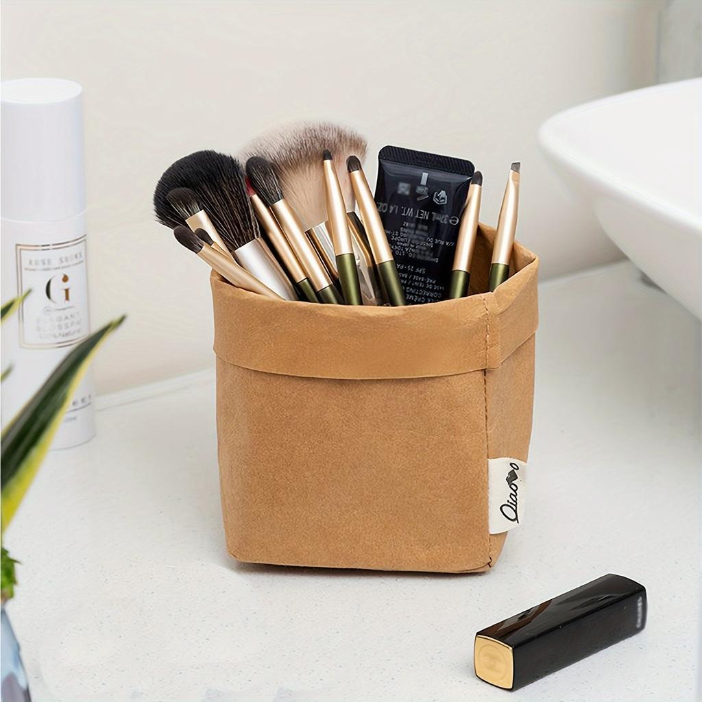 High-Quality Washable Kraft Paper Storage Bag-Classic Beige,Collapsible Organizer for Makeup Brushes,Cosmetics,Kitchen Essential