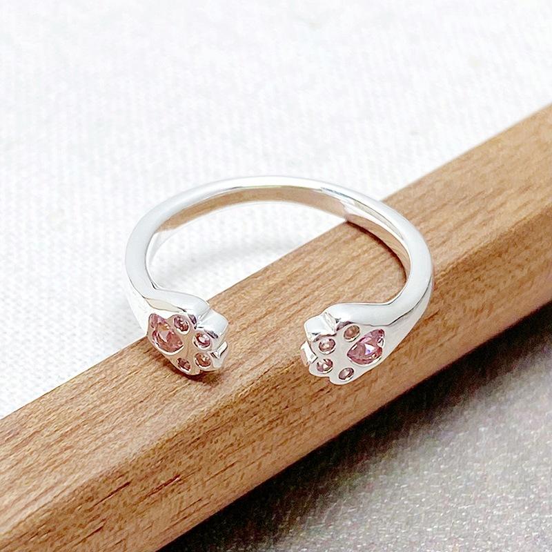 [Pink Meow Ring] Kitten Cat Claw Cartoon Cute Opening Ring Pink Zircon Stacked Wearing Girlfriend Ring Woman