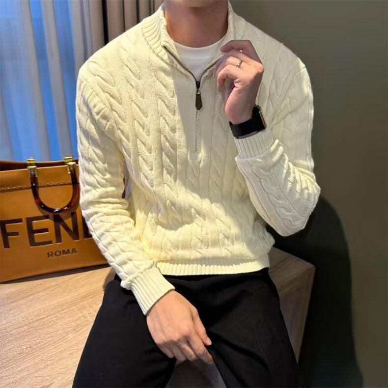 

Men s Old Money Style Cable Knit Half-Zip Polo Sweater - Autumn Winter Heavyweight Aran Stand Collar Undershirt 3XL