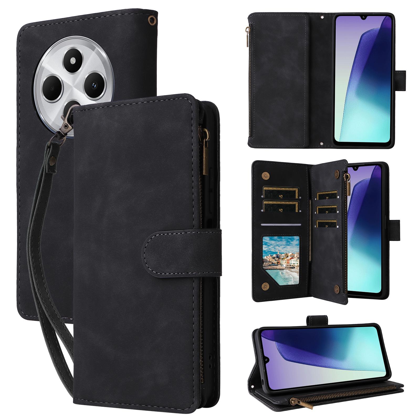 

For Xiaomi Poco C75 4G/Redmi 14R 5G/14C 4G Case Zipper Wallet Multiple Card Slots Leather Phone Cover Black