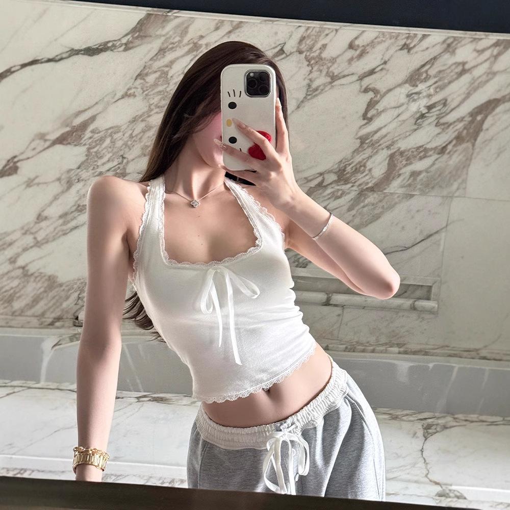 

White Halter Strap Lace Trim Vest with Chest Pad - Women s Summer Top M Premium