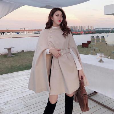 Autumn Women Woolen Cloth Shawl Cape Poncho with Belt Female Mid-length Korean Sleeveless Casual Ladies Cape Coats